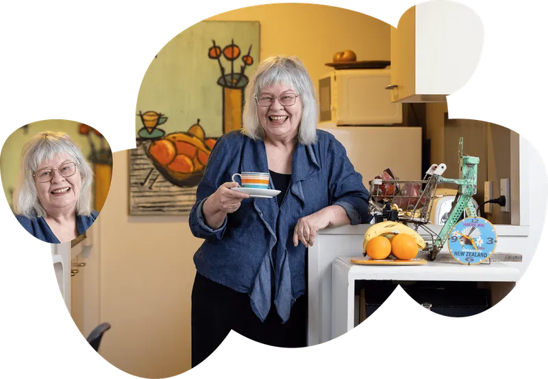 RealMe photo of lady with cup of tea in her kitchen