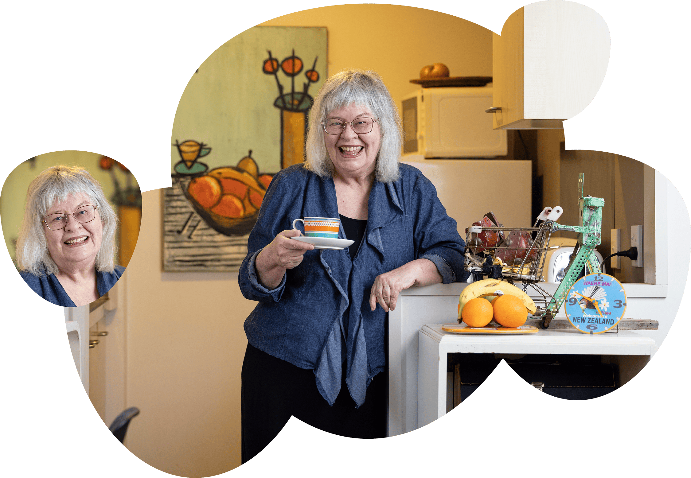 RealMe photo of woman in her kitchen holding cup of tea